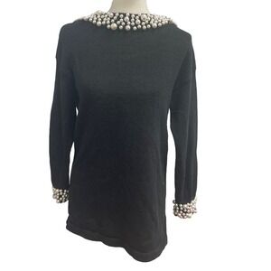 Bimo Womens Small Long Sleeve Deep V Back Sew On Pearl Beads Pullover Sweater